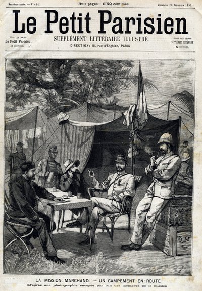 Campamento de la Misión Marchand: Jean-Baptiste Marchand (1863-1934), el Capitán Baratier a su izquierda y el Teniente Victor Emmanuel Largeau (1867-1916) y el Capitán Germain a su derecha. En "Le Peute Parisien" el 26/12/1897. Colección privada de Anonymous Anonymous