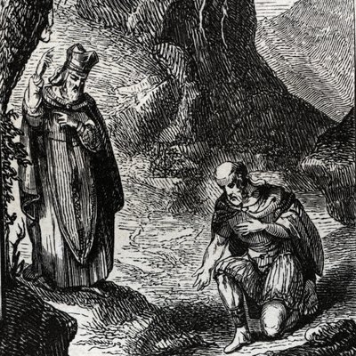 Marcial de Limoges o San Marcial (siglo III) convirtiendo al líder del pueblo celta Lemovices - Grabado de 1846 en 