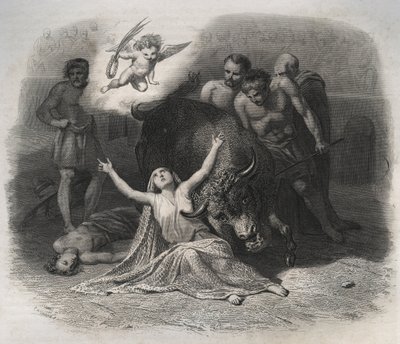 Martirio de Santa Blandina de Lyon y Ponticus en la arena en 177 durante las persecuciones de los primeros cristianos. Grabado de 1846 en “Vidas de los santos”. Colección privada de Anonymous Anonymous