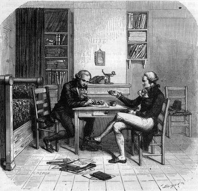 Maximilien de Robespierre 1758-1794, político francés, miembro del Comité de Seguridad Pública con Maurice Duplay en su habitación - Habitación de Maximilien de Robespierre en casa de Maurice Duplay (1736-1820) rue Saint-Honoré en París - Grabado en "Histo de Anonymous Anonymous