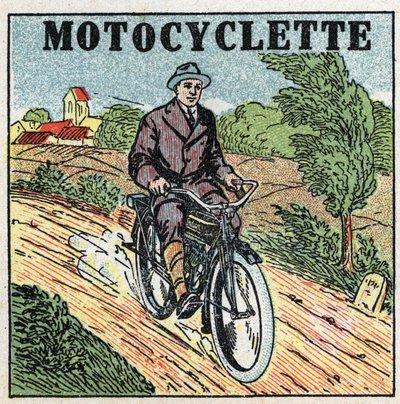 Tracción mecánica: motocicleta. Ilustración anónima de 1925. Colección privada. de Anonymous Anonymous