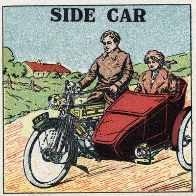 Tracción mecánica: motocicleta con sidecar. Ilustración anónima de 1925. Colección privada. de Anonymous Anonymous