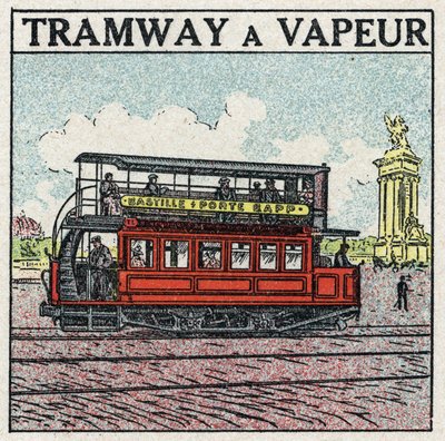 Tracción mecánica: tranvía de vapor apareció en París a finales del siglo XIX en la línea de la Bastilla - puerta Bapp. Ilustración anónima de 1925. Colección privada. de Anonymous Anonymous