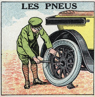 Tracción mecánica: los neumáticos de un automóvil. Ilustración anónima de 1925. Colección privada. de Anonymous Anonymous