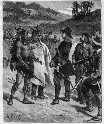 Encuentro de Robert Cavelier de La Salle (1643-1687) con los indios de América cerca del lago Peoria grabado en Journal des voyages de 1889 de Anonymous Anonymous