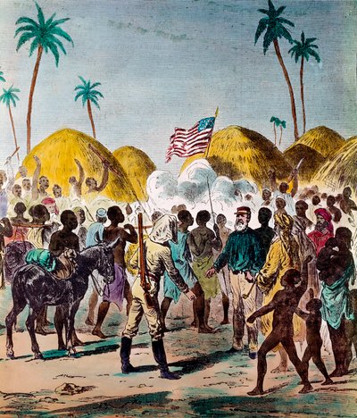 Encuentro del periodista Henry Morton Stanley (1841-1904) y David Livingstone (1813-1873), médico y explorador británico, el 10/11/1871 en Tanzania. Grabado del siglo XIX. Colección privada de Anonymous Anonymous