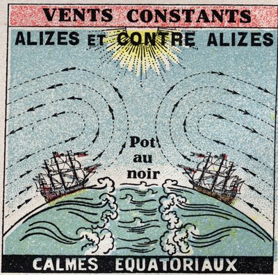 Meteorología: vientos constantes. Alisios, contra alisios, zonas de calma ecuatorial (pot en negro). Ilustración anónima de 1925. Colección privada. de Anonymous Anonymous