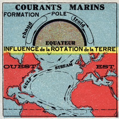 Meteorología: corrientes marinas. Influencia de la rotación de la tierra. Corriente del Golfo. Ilustración anónima de 1925. Colección privada. de Anonymous Anonymous