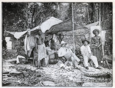 Misión del capitán francés Louis Gustave Binger (1856-1936): campamento de la misión en Afforenou, Costa de Marfil. Grabado en 