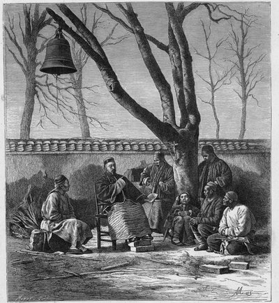 Misionero enseñando doctrina católica en la provincia de Henan (Ho Nan, Ho-Nan), China. Grabado en “Les Missions Catholiques au XIXeme Siecle” por Louis-Eugene Louvet. Colección privada. de Anonymous Anonymous