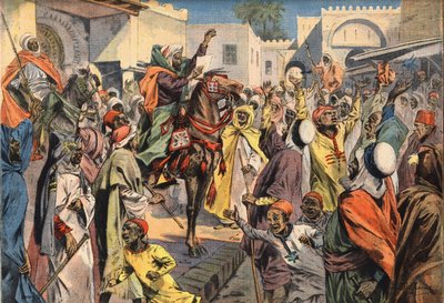 Mouley Hafid (Moulay-Hafid) se proclama Sultán en Fez: los pregoneros anuncian la proclamación a la multitud. Grabado del periódico "Le Petite Parisien", 26/01/1908. Colección privada de Anonymous Anonymous