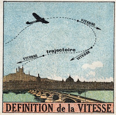 Movimientos: definición de velocidad. Un avión sobrevolando una ciudad. Ilustración anónima de 1925. Colección privada. de Anonymous Anonymous