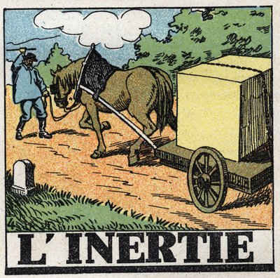 Movimientos: inercia. Un carretero dando latigazos para mover su caballo. Ilustración anónima de 1925. Colección privada. de Anonymous Anonymous