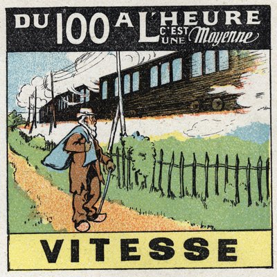 Movimientos: movimiento rectilíneo uniforme. Un tren moviéndose sobre una vía férrea. Ilustración anónima de 1925. Colección privada. de Anonymous Anonymous