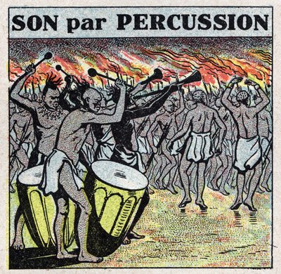 Instrumentos musicales: percusionistas en una aldea africana. Ilustración anónima de 1925. Colección privada. de Anonymous Anonymous
