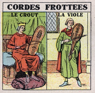 Instrumentos musicales: instrumentos de cuerda frotada. Jugadores de crout y rapes en la Edad Media. Ilustración anónima de 1925. Colección privada. de Anonymous Anonymous