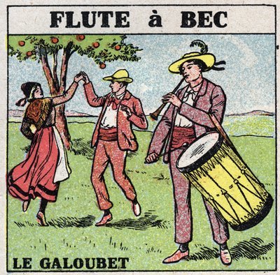 Instrumentos musicales: instrumentos de viento. Jugador de galubet (flauta de pico). Ilustración anónima de 1925. Colección privada. de Anonymous Anonymous