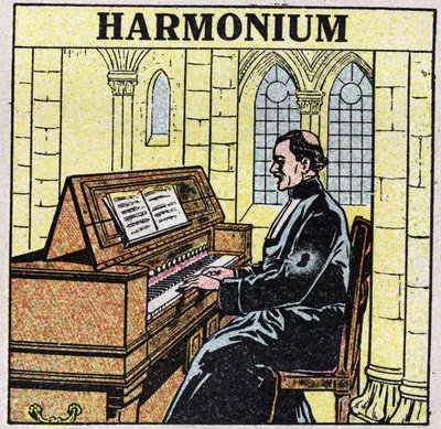 Instrumentos musicales: instrumentos de viento en la cadera. Jugador de armonio en una iglesia. Ilustración anónima de 1925. Colección privada. de Anonymous Anonymous