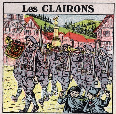 Instrumentos musicales: instrumentos de viento con boquilla de jarra. Trompetistas durante una carrera militar. Ilustración anónima de 1925. Colección privada de Anonymous Anonymous
