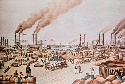 Muelle del puerto de Nueva Orleans (Estados Unidos): Carga de algodón. 1876. Colección privada. de Anonymous Anonymous