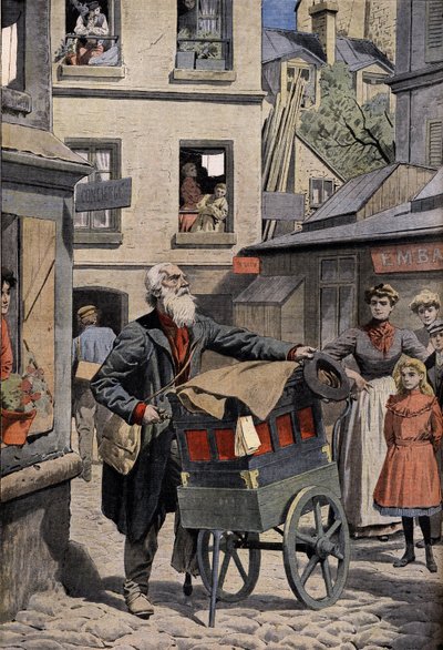 Antiguos oficios: el organillero en las calles de París. Grabado en el titular del Petity Journal, 26/04/1908. Colección privada. de Anonymous Anonymous
