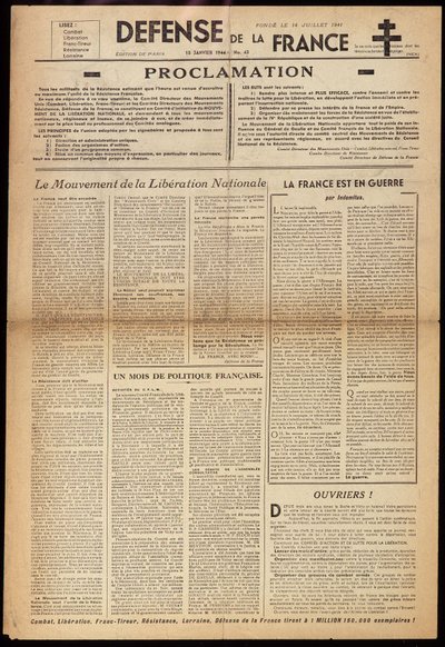 Uno de los periódicos clandestinos “Defensa de Francia” del 15/01/1944 de Anonymous Anonymous