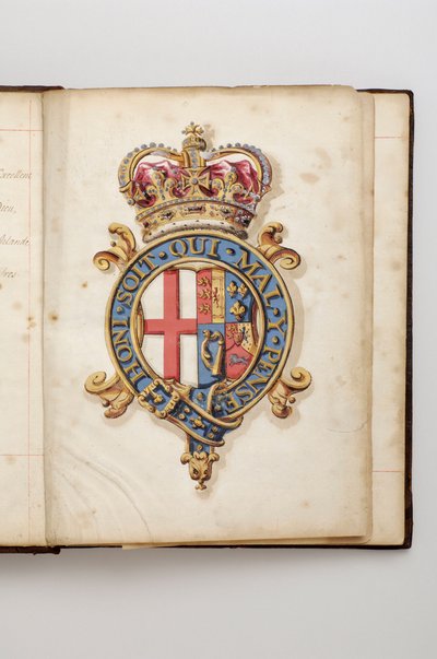 Orden de la Jarretera: Libro de Estatutos que perteneció a Charles Fitzroy, Duque de Grafton - Armas reales de los Hannoverianos desde 1714 hasta 1801 (Manuscrito en acuarela, principios del siglo XVIII) de Anonymous Anonymous