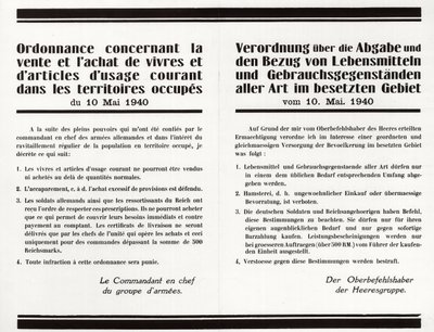 Ordenanza sobre la venta y compra de alimentos y artículos de uso común en los territorios ocupados - cartel bilingüe franco-alemán de Anonymous Anonymous