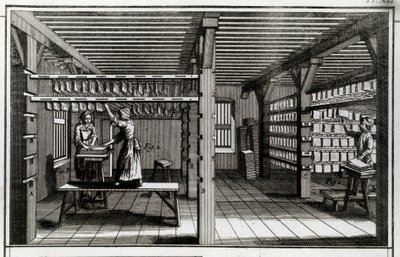 Fábrica de papel: la etapa de secado. Grabado del siglo XVIII. Colección privada de Anonymous Anonymous