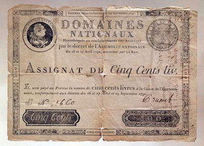 Papel emitido durante la Revolución Francesa: una asignación de 500 libras de 1790. Colección privada de Anonymous Anonymous