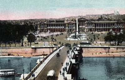París: panorama del puente y la Plaza de la Concordia con el obelisco y la iglesia de la Madeleine tomada desde la Basílica del Sagrado Corazón (Sacre-Coeur) en Montmartre. A la izquierda, el actual Hotel Crillon y a la derecha, el Hotel de la Marine de Anonymous Anonymous