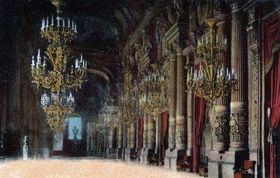París: vista del gran foyer de la Ópera Garnier. Fotografía de 1920 en 
