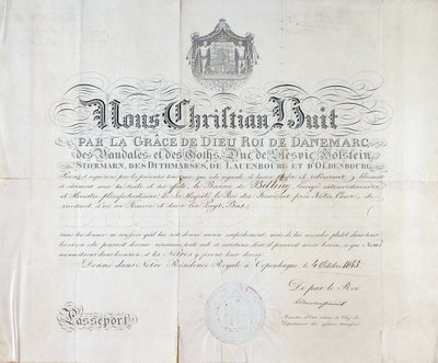 Pasaporte del Rey de Dinamarca Christian VIII fechado en 1845. de Anonymous Anonymous