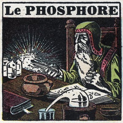 Fosforescencia: fósforo. Un alquimista buscando la piedra filosofal en su laboratorio. Ilustración anónima de 1925. Colección privada. de Anonymous Anonymous