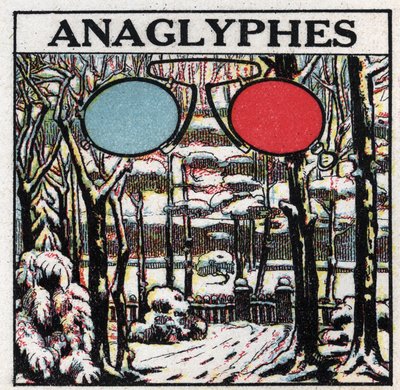 Fotografía: un anaglifo es una imagen impresa para ser vista en relieve con gafas bicolor. Ilustración anónima de 1925. Colección privada. de Anonymous Anonymous