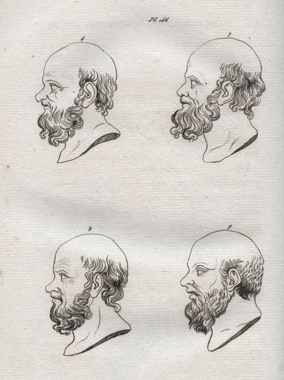 Fisionomía - Fisionomía - Varios cabezas del filósofo griego Sócrates (ca. 469 a.C.-399 a.C.) (Busto de Sócrates (ca 469 a.C.-399 a.C.), filósofo ateniense) grabado de 1808 en “El arte de conocer a los hombres a través de la fisionomía” por Johann Gaspar ( de Anonymous Anonymous