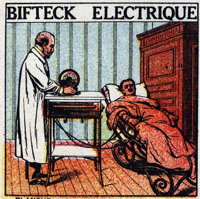 Efectos fisiológicos de la electricidad: bistec eléctrico. Cuidado de un paciente pasando electricidad a través de su cuerpo usando electrodos de metal desnudo. Ilustración anónima de 1925. Colección privada. de Anonymous Anonymous