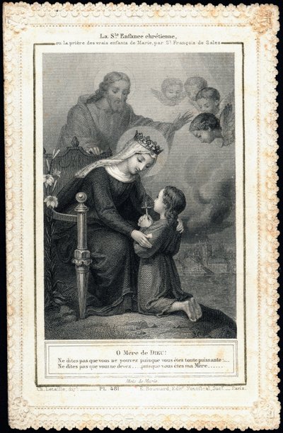 Imagen piadosa: Santa infancia cristiana, o la oración de los verdaderos hijos de María, por San Francisco de Sales. Tarjeta dentada. Colección privada de Anonymous Anonymous