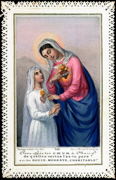 Imagen piadosa: Niña en vestido de comunión ofreciendo su corazón a la Virgen María. "Para ofrecer tu corazón a María, de qué virtudes lo adornas, eres dulce, modesta, caritativa". Tarjeta dentada. Colección privada de Anonymous Anonymous