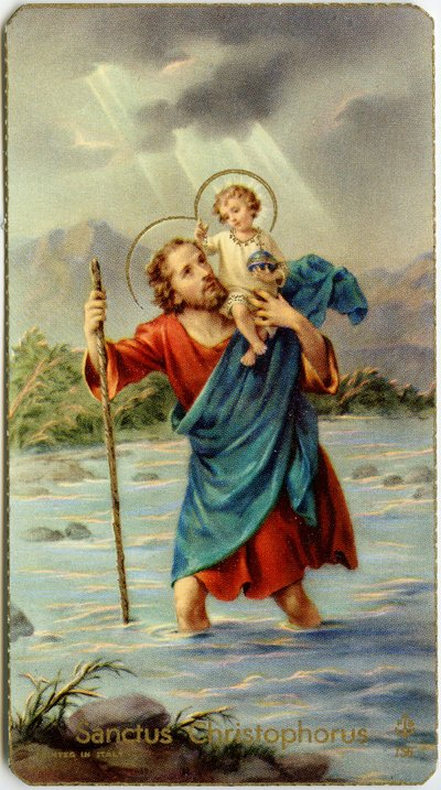 San Cristóbal cruzando el Jordán con el joven Jesús en su espalda (cromolitografía) de Anonymous Anonymous