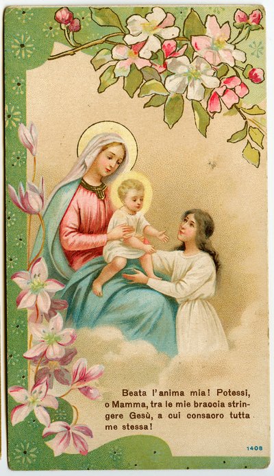 Imagen piadosa: Virgen con niño, una niña piadosa toma a Jesús en sus brazos (cromolitografía) de Anonymous Anonymous