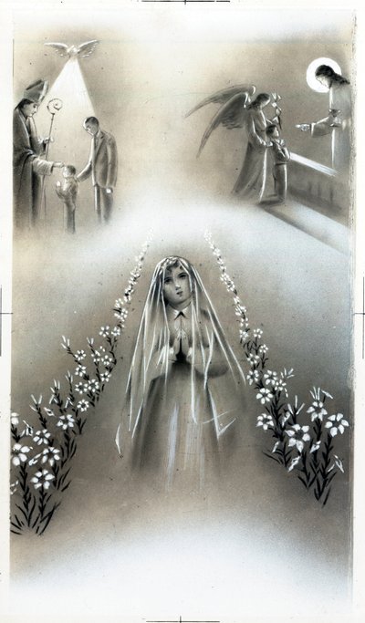 Imagen piadosa: comunión y la profesión de fe, etapas de la educación religiosa cristiana. Tarjeta de Colección Privada de Anonymous Anonymous