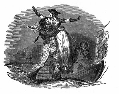 El pirata Charles Gibbs toma a una chica holandesa de su barco (principios del siglo XIX). Grabado de 