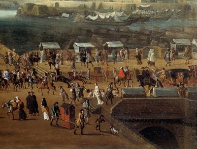 Sillas de portero y multitud en el Pont Neuf en París en el siglo XVII (detalle) de Anonymous Anonymous