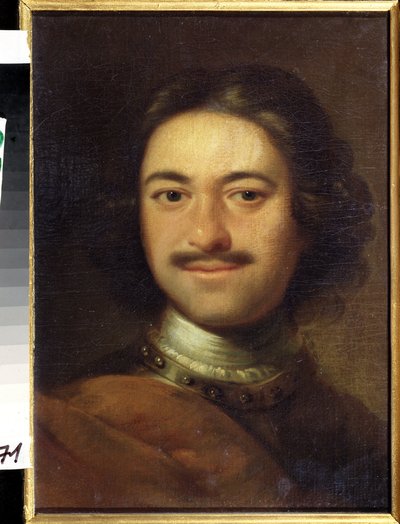 Retrato del emperador Pedro I el Grande (1672-1725) (Retrato del emperador Pedro I el Grande). Pintura anónima. Óleo sobre lienzo, 48,5 x 37 cm, principios del siglo XVIII. Clasicismo. Museo Estatal de la Marina Central, San Petersburgo. de Anonymous Anonymous