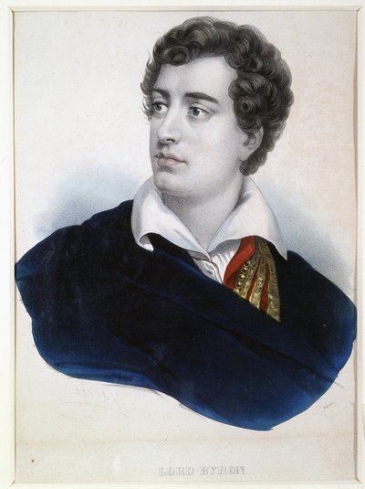Retrato del poeta Lord George Noel Byron (1788-1824) (Retrato del poeta Lord G.N.Byron). Litografía anónima, realzada con acuarela, principios del siglo XIX. Arte inglés, romanticismo. Museo Conmemorativo A. Pushkin, San Petersburgo. de Anonymous Anonymous