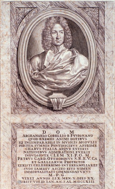 Retrato de Arcangelo Corelli (1653-1713) compositor y violinista italiano. Grabado. Colección privada milanesa del siglo XVIII de Anonymous Anonymous