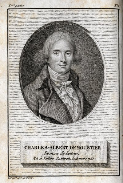 Retrato de Charles Albert Demoustier (1760-1801) escritor francés. Grabado de 1819 en “Lettres a Emilie sur la mythologie” de Charles Albert Demoustier (1760-1801). Colección privada. de Anonymous Anonymous