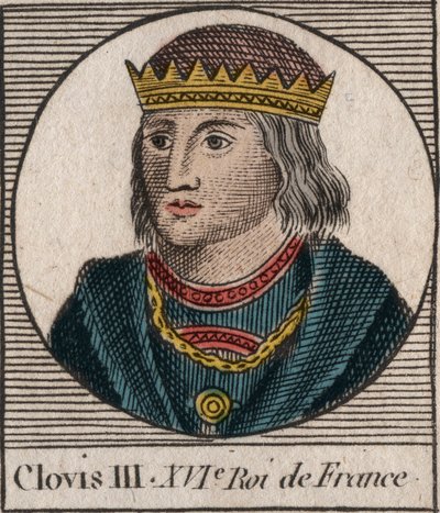 Retrato de Clodoveo III, Rey de los Francos de 691 a 695 - CLOVIS III rey merovingio de Neustria y Austrasia - grabado de 