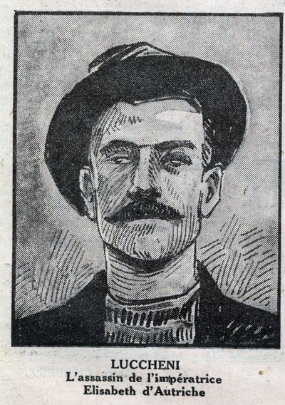 Retrato de Luigi Lucheni (1873-1910), anarquista italiano, asesino en 1898 de Elisabeth de Wittelsbach, una emperatriz de Austria conocida como Sissi. Grabado en "L
